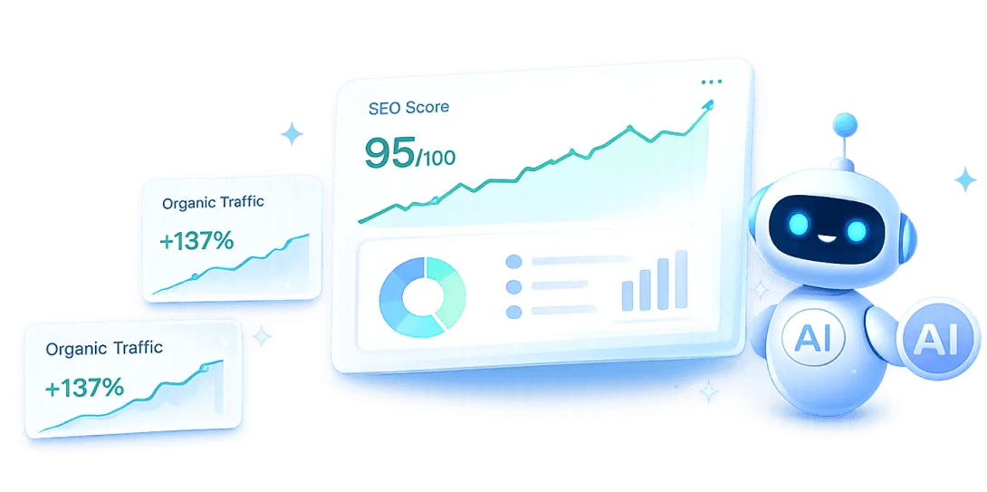 SEOGenieAI dashboard preview showing SEO score, organic traffic growth, and keyword rankings